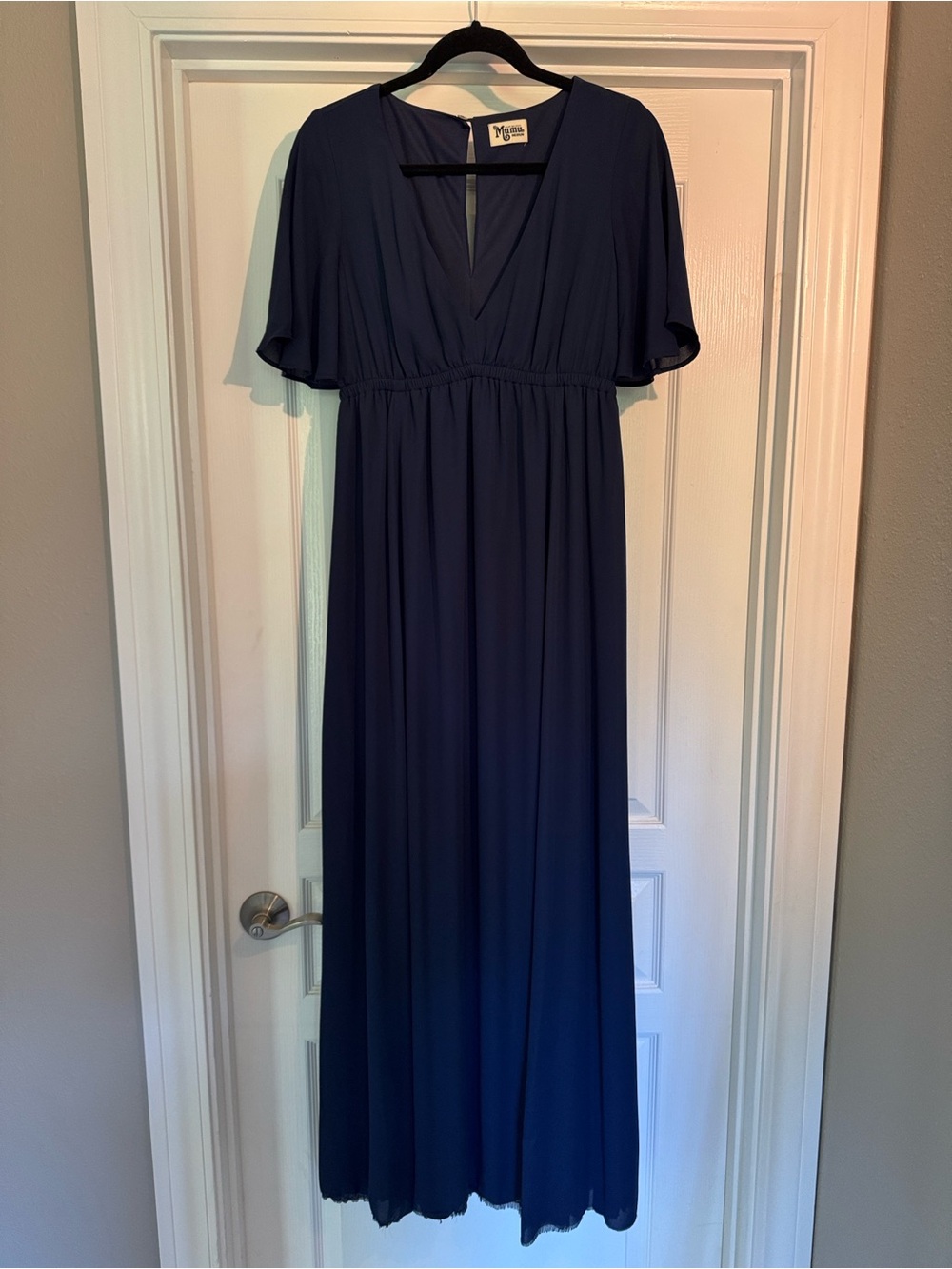 Show Me Your Mumu navy flutter sleeve maxi gown, size medium